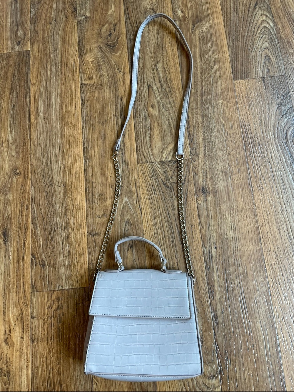 Croc-Embossed Top Handle Crossbody Bag in Light Gray